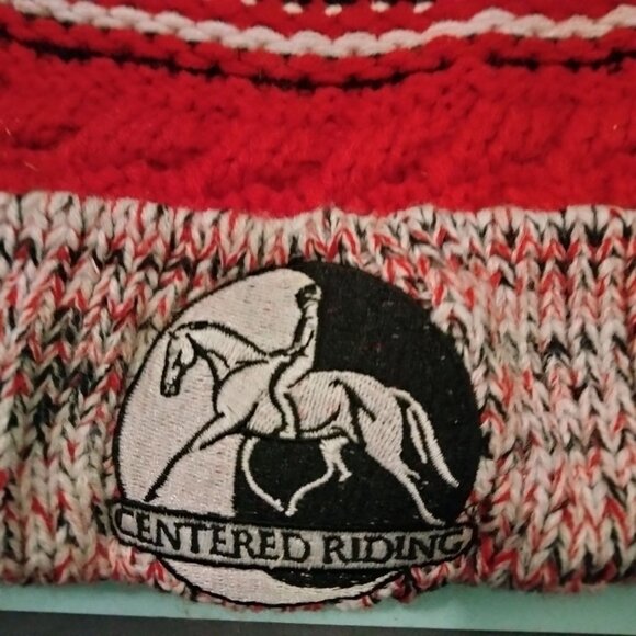 Centered Riding Knit Beanie Hat Pom Red Black Equestrian Logo Sport Tek Cap - Picture 3 of 5